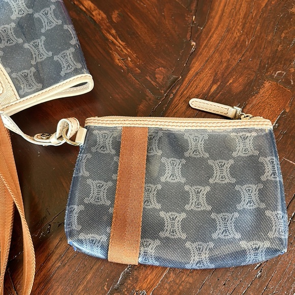 Celine Clear PVC Shoulder Tote Blue Pattern Brown Nylon Handle Zip Pouch Unisex - Picture 9 of 15